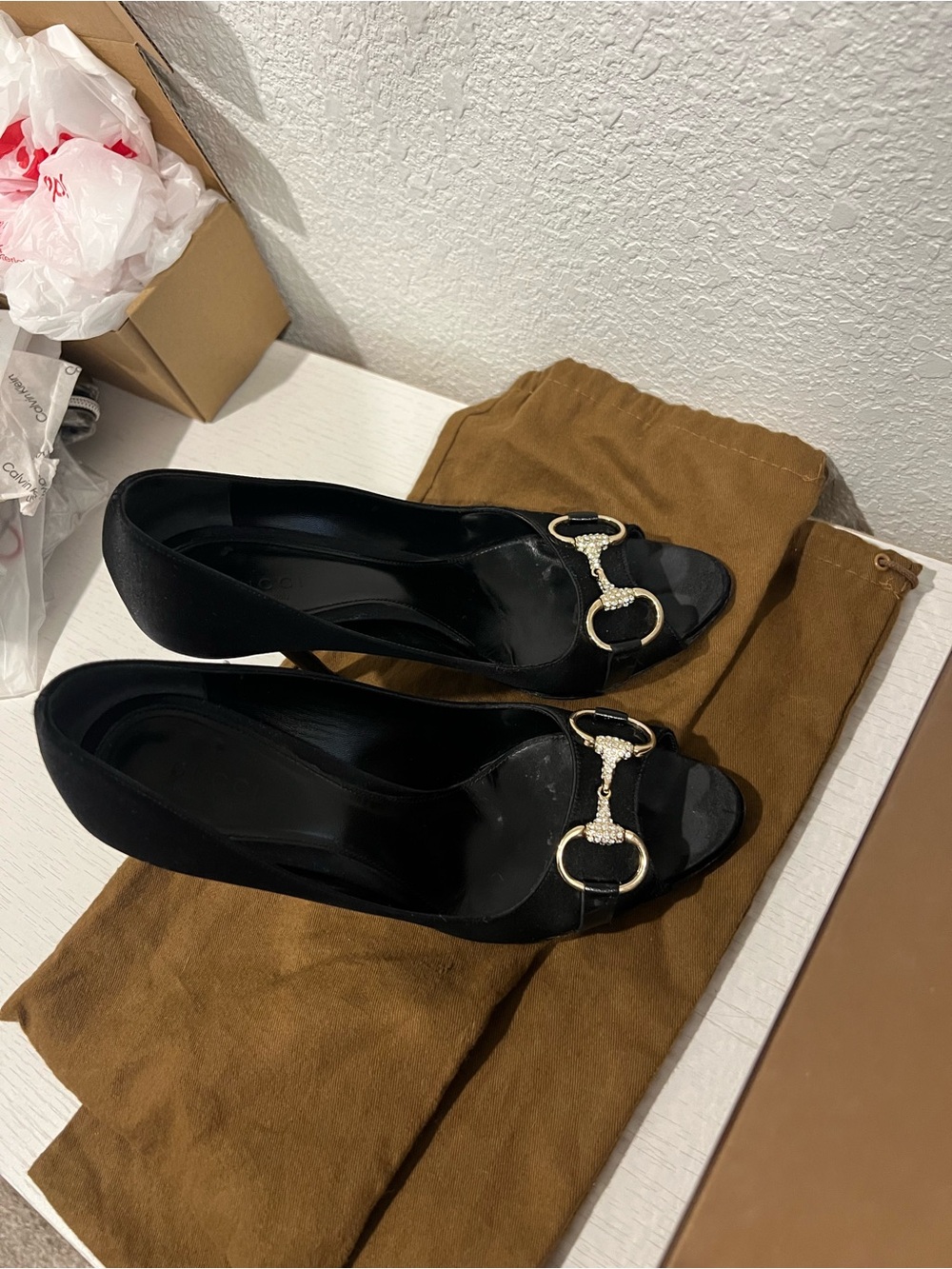 Gucci Black Satin Peep-Toe Heels with Gold Crystal Horsebit